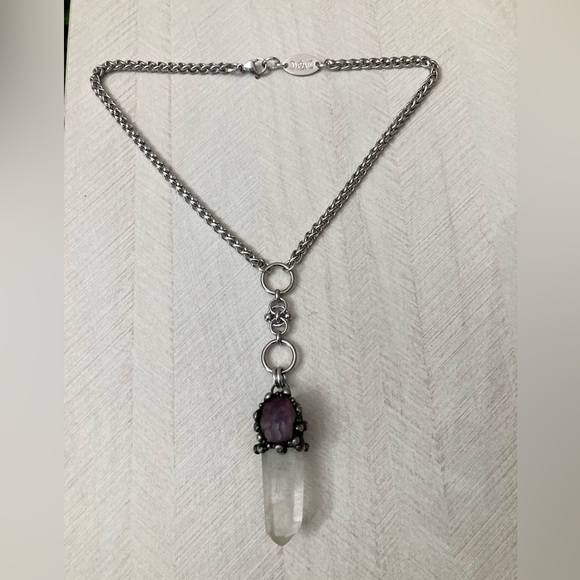 crystal quartz & amethyst gem stainless steel maille celtic lariat Y necklace. - Picture 10 of 14
